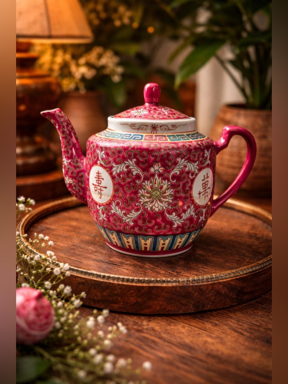 Imperial Rose Medallion Teapot — Chinese Auspicious Symbol Porcelain • Vintage